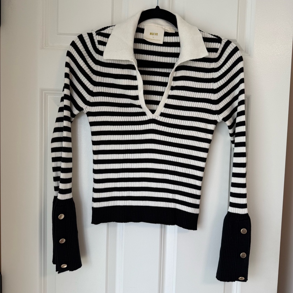 Anthropologie Maeve Bell Sleeve Ribbed Knit Polo Sweater Sz S Black V Neck Prep - Picture 2 of 13